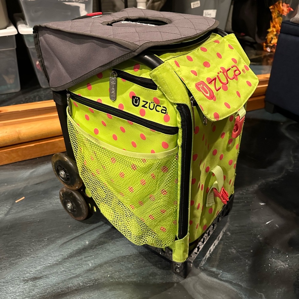 Zuca Green and Pink Polka Dot Rolling Bag